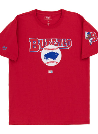 The Ebbets Field Buffalo Bisons MiLB Fashion Cotton Short Sleeve Tee is a red shirt with 