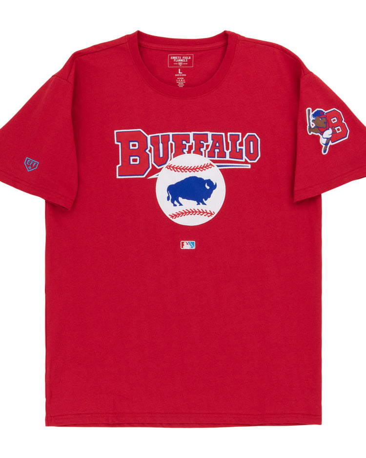 The Ebbets Field Buffalo Bisons MiLB Fashion Cotton Short Sleeve Tee is a red shirt with 