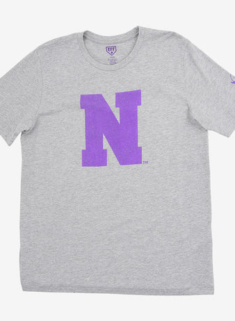 The Ebbets Field Northwestern University Short Sleeve Tee is light gray with a bold purple 