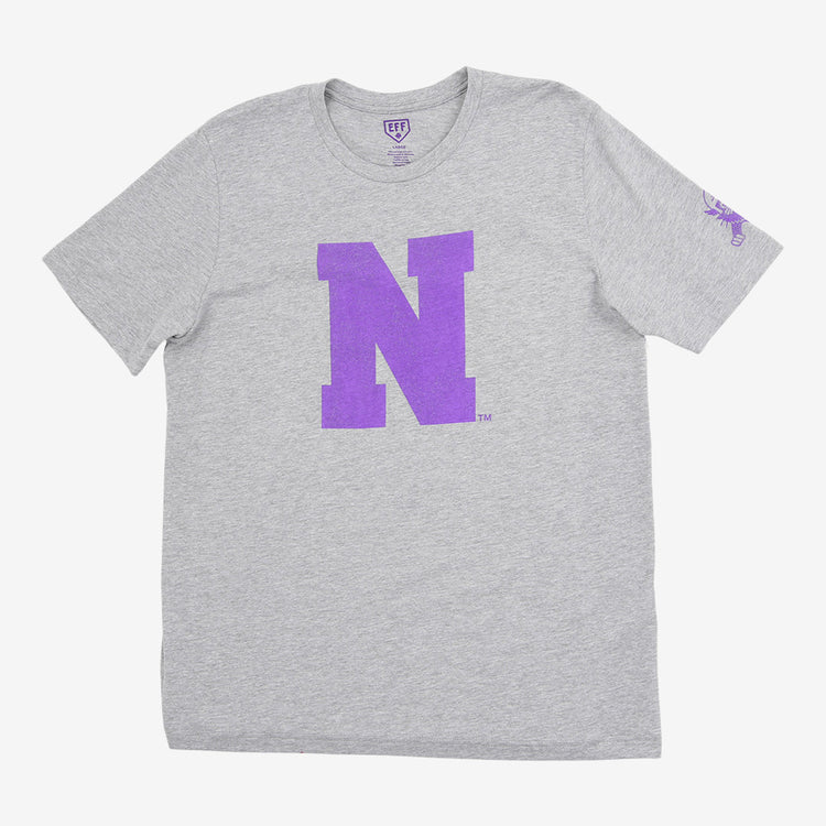 The Ebbets Field Northwestern University Short Sleeve Tee is light gray with a bold purple 