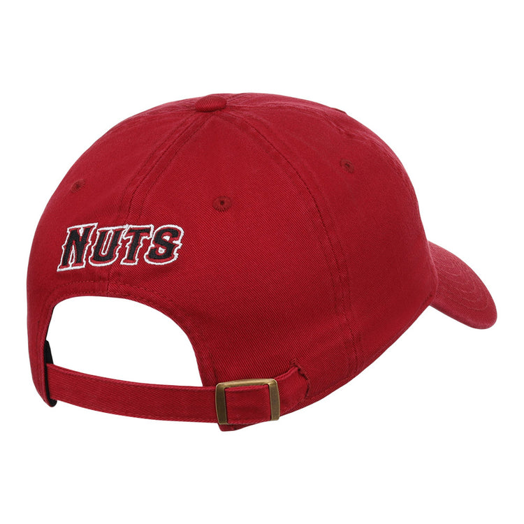 The Modesto Nuts MiLB Dad Ballcap by Ebbets Field is a red cap seen from the back, with 