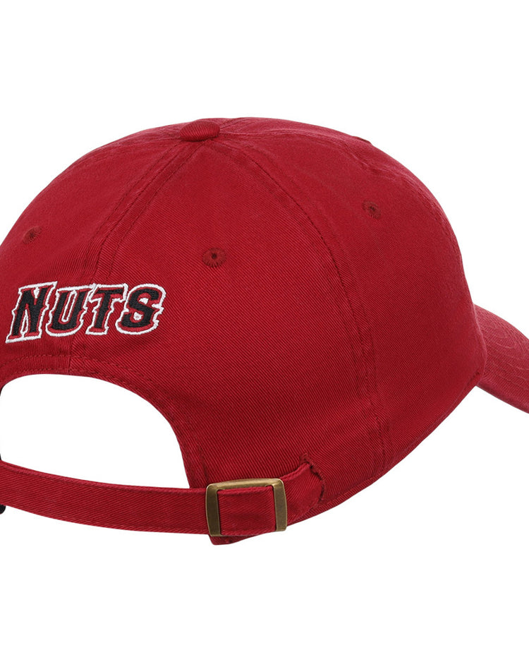 The Modesto Nuts MiLB Dad Ballcap by Ebbets Field is a red cap seen from the back, with 