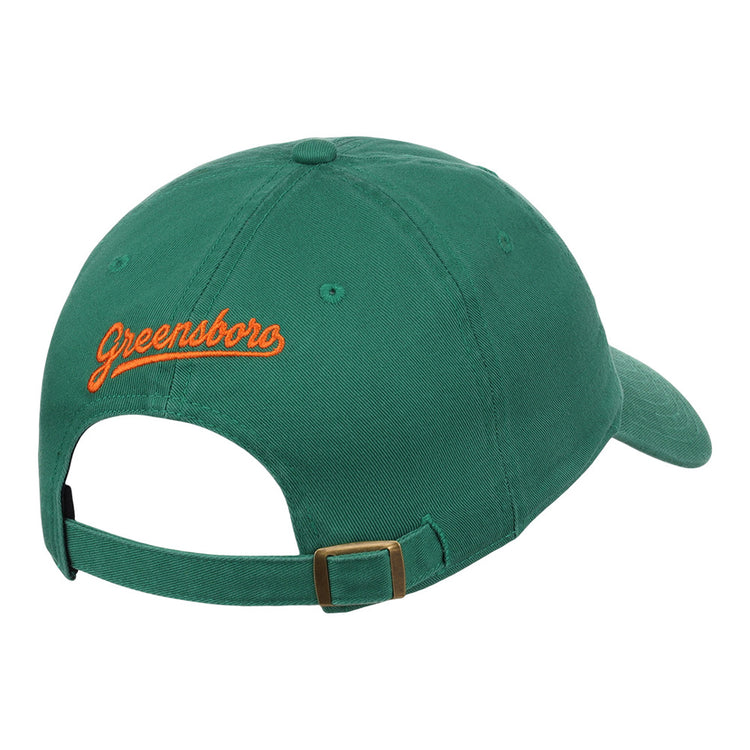 The Ebbets Field Greensboro Grasshoppers MiLB Dad Ballcap is a green cap with an adjustable strap and buckle. 
