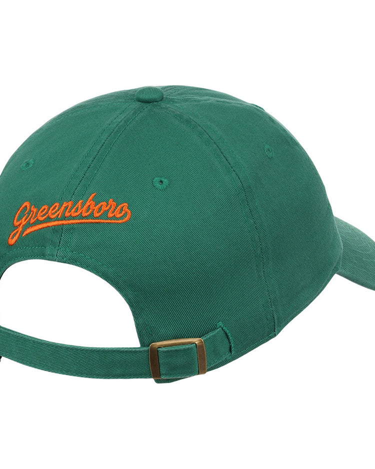 The Ebbets Field Greensboro Grasshoppers MiLB Dad Ballcap is a green cap with an adjustable strap and buckle. 