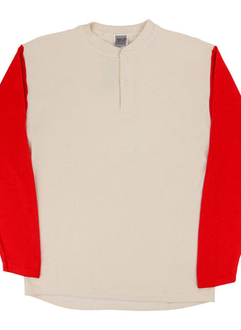 The Ebbets Field Fungo Shirt - Red Long Sleeves features a cream body, bold red sleeves, and a short button placket at the neck. The shirt is displayed flat on a white background.