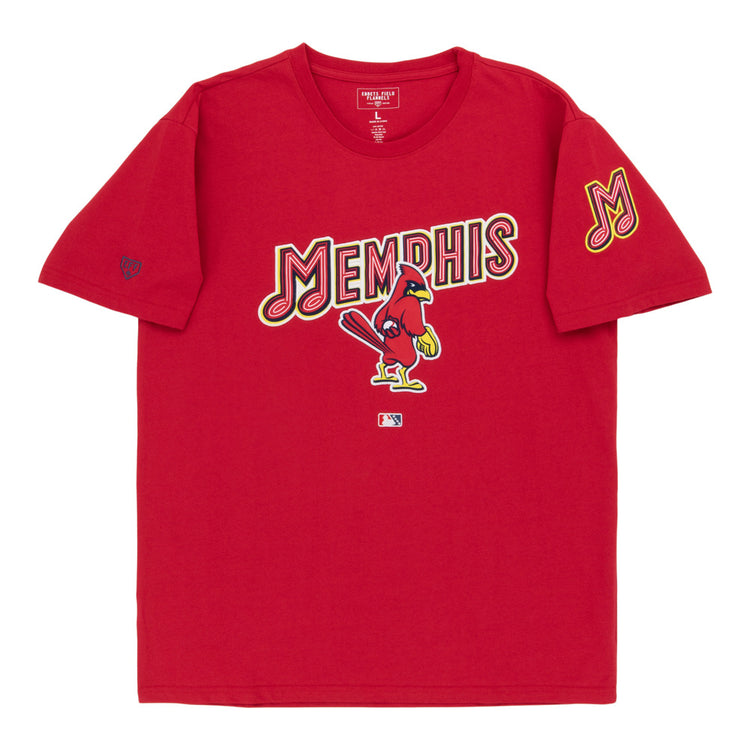 The Ebbets Field Memphis Red Birds MiLB Fashion Cotton Short Sleeve Tee is a red T-shirt with 