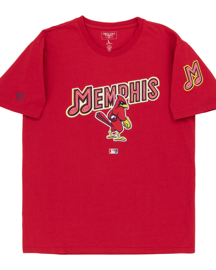 The Ebbets Field Memphis Red Birds MiLB Fashion Cotton Short Sleeve Tee is a red T-shirt with 