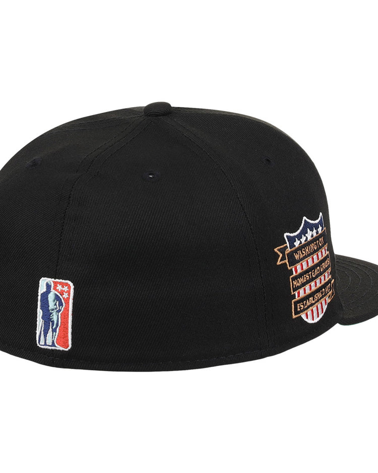 The Ebbets Field Homestead Grays NLB Tc Fitted Ballcap is a black cap featuring a small blue and white basketball player silhouette embroidered on the back and a multicolored shield patch with text on the side.