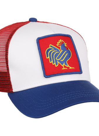 The Ebbets Field Northwest Arkansas Naturals MiLB Trucker Ballcap features a blue brim, white front panel, red mesh back, and a patch with a stylized blue, yellow, and red rooster on a red background.