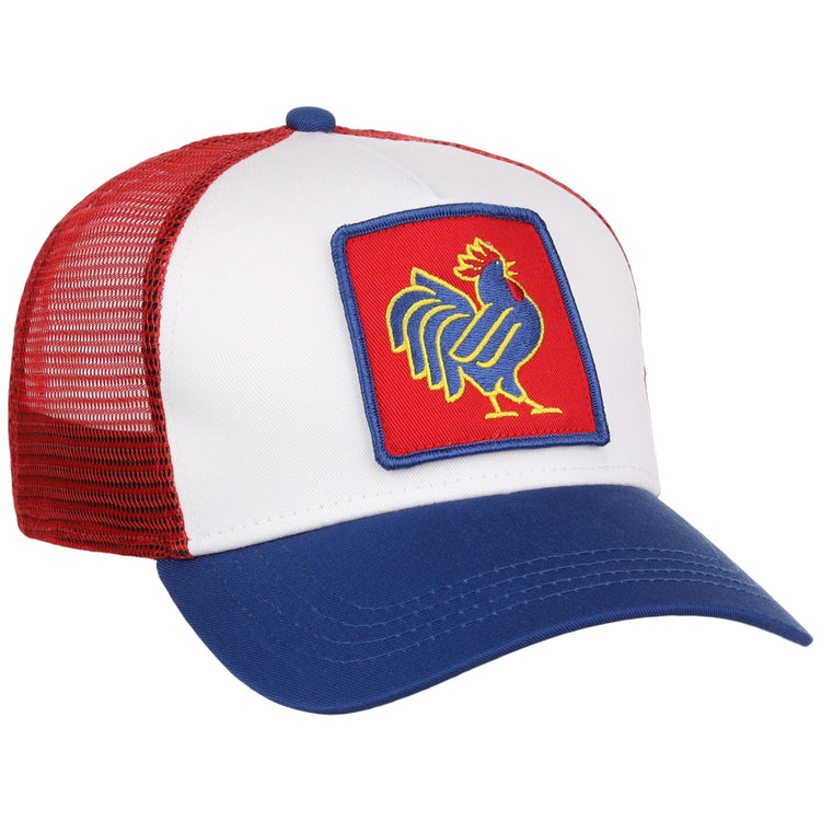 The Ebbets Field Northwest Arkansas Naturals MiLB Trucker Ballcap features a blue brim, white front panel, red mesh back, and a patch with a stylized blue, yellow, and red rooster on a red background.