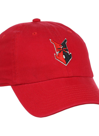 The Ebbets Field Indianapolis Indians MiLB Dad Ballcap is a red cap with an embroidered black and red stylized V logo on the front.