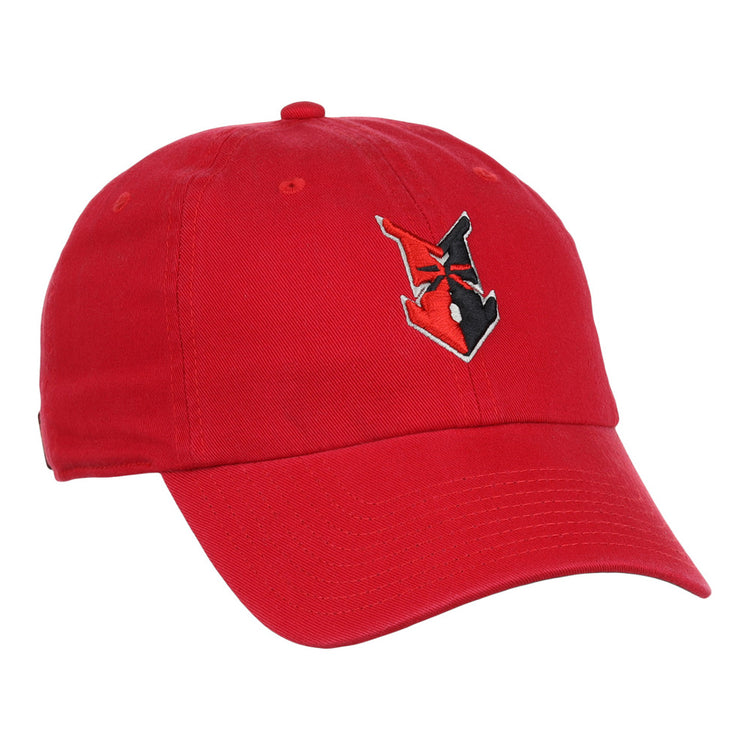 The Ebbets Field Indianapolis Indians MiLB Dad Ballcap is a red cap with an embroidered black and red stylized V logo on the front.