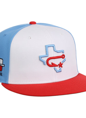 The Ebbets Field Corpus Christi Hooks MiLB Snapback Ballcap features a white front, light blue sides, red brim and button, Texas state outline with a red hook and star on the front, and a Texas League patch on the side.