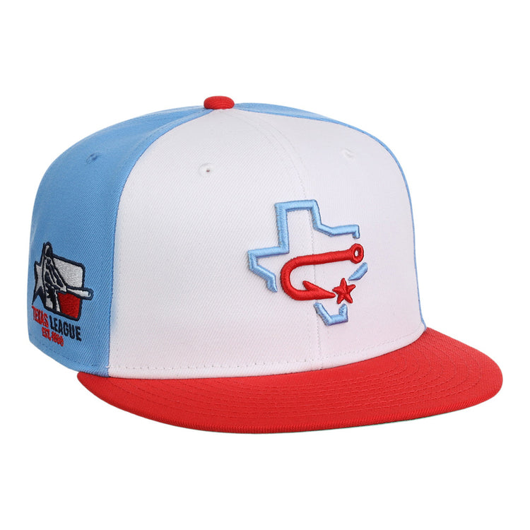 The Ebbets Field Corpus Christi Hooks MiLB Snapback Ballcap features a white front, light blue sides, red brim and button, Texas state outline with a red hook and star on the front, and a Texas League patch on the side.