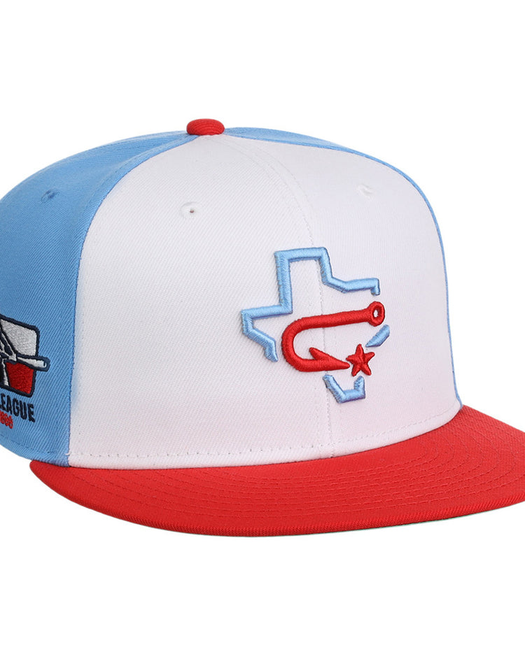 The Ebbets Field Corpus Christi Hooks MiLB Snapback Ballcap features a white front, light blue sides, red brim and button, Texas state outline with a red hook and star on the front, and a Texas League patch on the side.