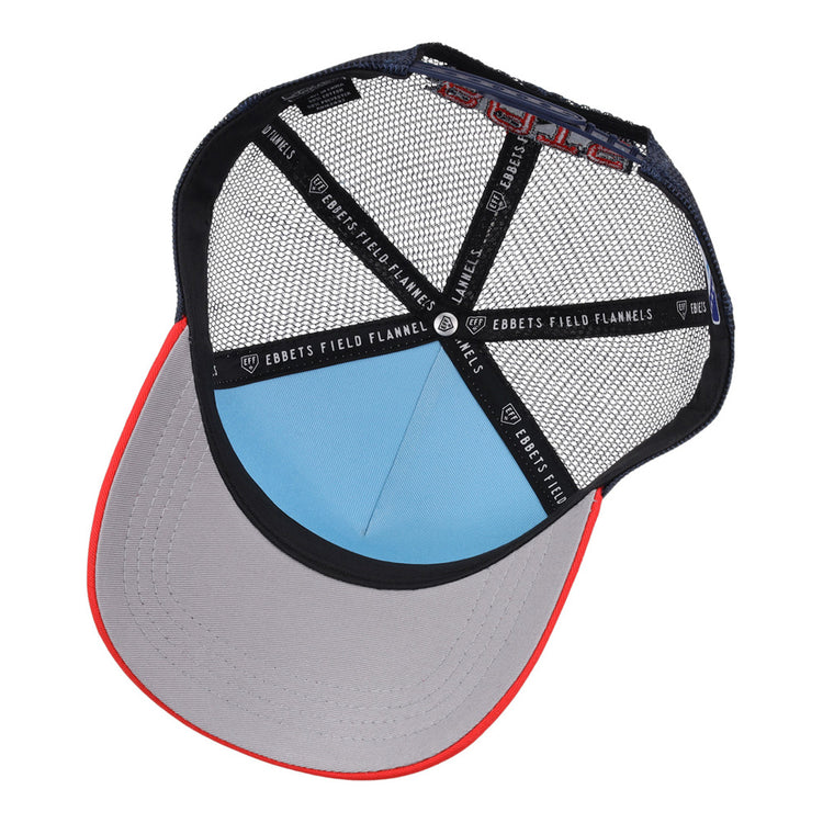 Inside view of the Louisville Bats MiLB Trucker Ballcap by Ebbets Field, featuring black mesh panels, blue interior front, gray brim underside with red edge, and branded taping reading EBBETS FIELD FLANNELS.