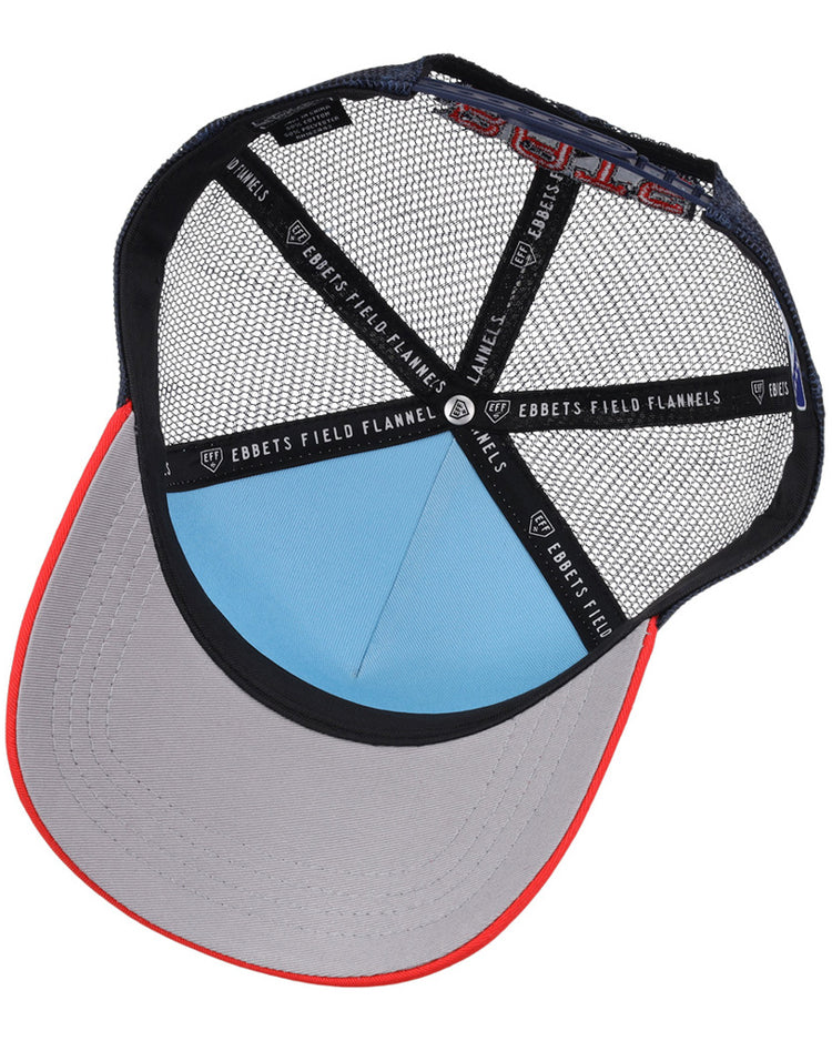 Inside view of the Louisville Bats MiLB Trucker Ballcap by Ebbets Field, featuring black mesh panels, blue interior front, gray brim underside with red edge, and branded taping reading EBBETS FIELD FLANNELS.