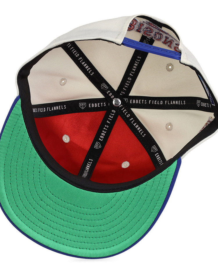 The inside of the Ebbets Field Buffalo Bisons MiLB Snapback Ballcap has a green underbill, red crown, black sweatband, white panels, and black fabric covering the inner seams labeled 