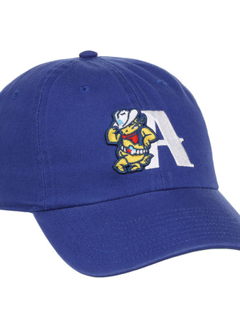 The Amarillo Sod Poodles MiLB Dad Ballcap by Ebbets Field is a blue cap with a large white “A” and an embroidered cartoon mascot in a cowboy hat and boots on the front.