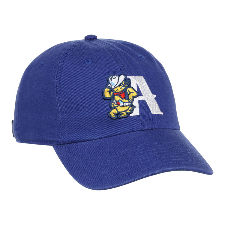 The Amarillo Sod Poodles MiLB Dad Ballcap by Ebbets Field is a blue cap with a large white “A” and an embroidered cartoon mascot in a cowboy hat and boots on the front.