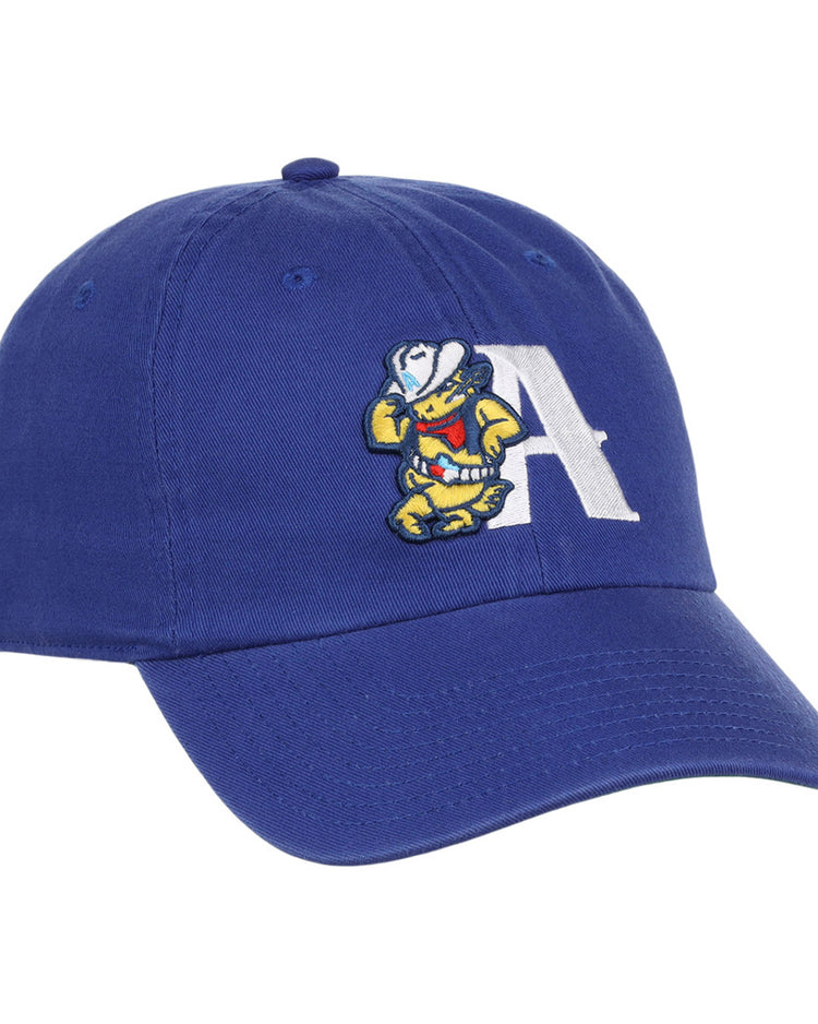 The Amarillo Sod Poodles MiLB Dad Ballcap by Ebbets Field is a blue cap with a large white “A” and an embroidered cartoon mascot in a cowboy hat and boots on the front.