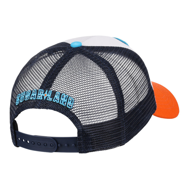 The Ebbets Field Sugarland Space Cowboys MiLB Trucker Ballcap features a white crown, orange brim, navy mesh back with an adjustable snap, and “SUGARLAND” embroidered in blue above the back opening.