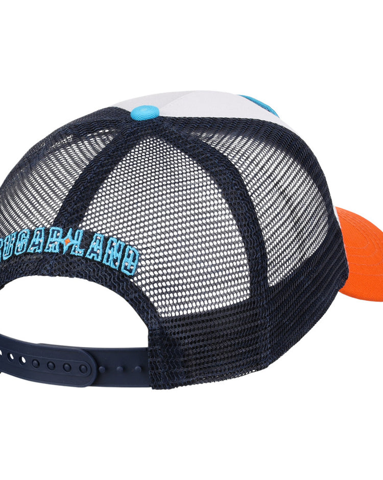 The Ebbets Field Sugarland Space Cowboys MiLB Trucker Ballcap features a white crown, orange brim, navy mesh back with an adjustable snap, and “SUGARLAND” embroidered in blue above the back opening.