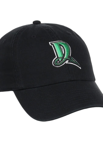 The Ebbets Field Dayton Dragons MiLB Dad Ballcap is a black cap with a green and white letter D logo and dragon design embroidered on the front.