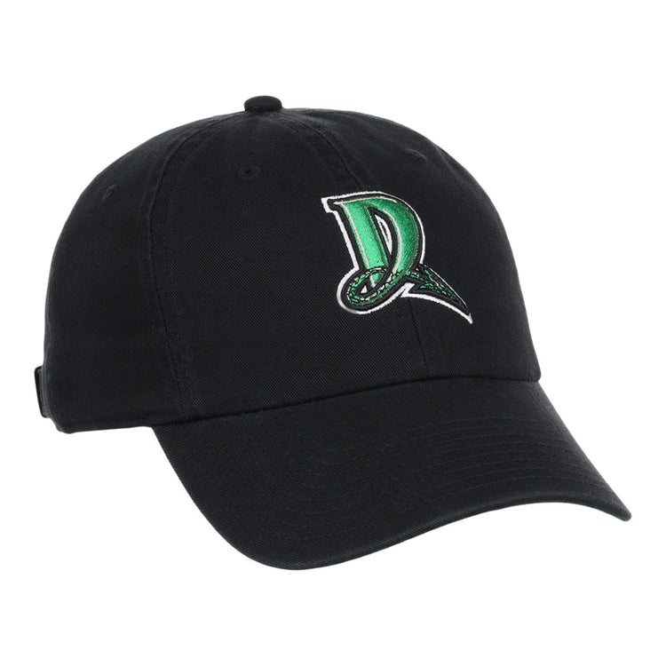 The Ebbets Field Dayton Dragons MiLB Dad Ballcap is a black cap with a green and white letter D logo and dragon design embroidered on the front.