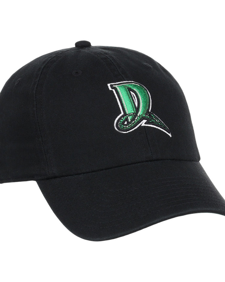 The Ebbets Field Dayton Dragons MiLB Dad Ballcap is a black cap with a green and white letter D logo and dragon design embroidered on the front.