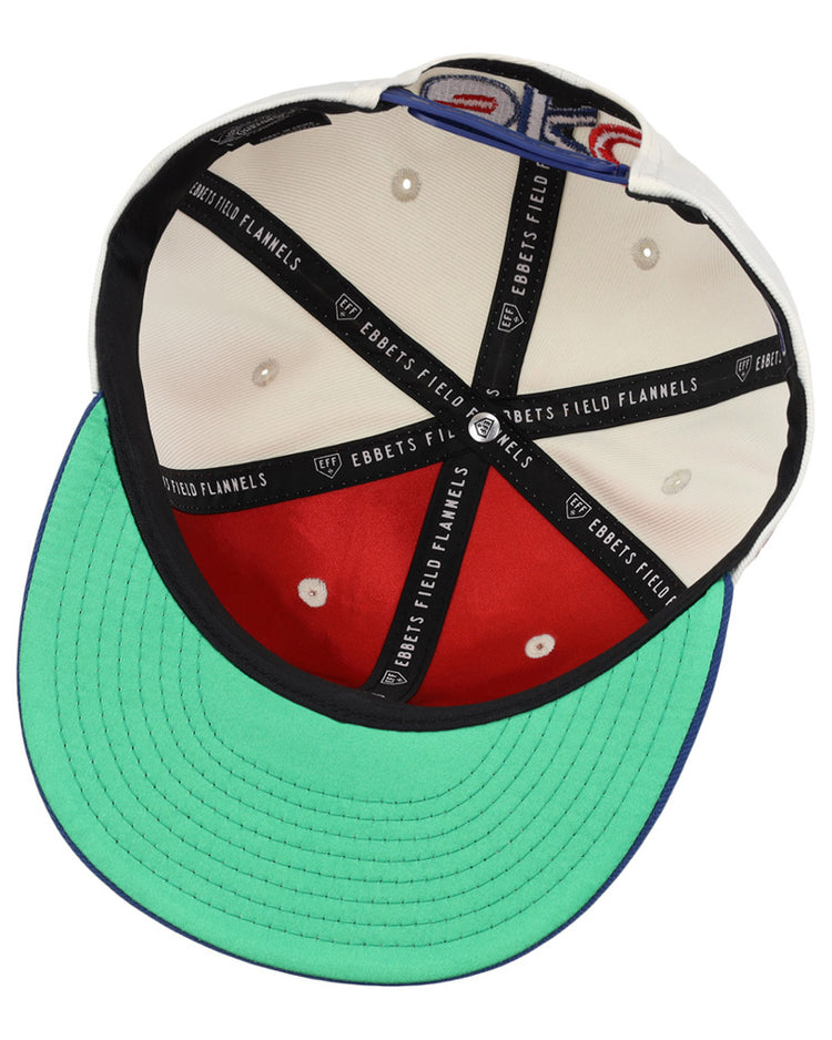 The underside of the Oklahoma City 89Ers MiLB Logo Wordmark Snapback Ballcap by Ebbets Field features a green brim, beige and red panels, black ribbons with EBBETS FIELD FLANNELS text, and metal rivets at the panel intersections.