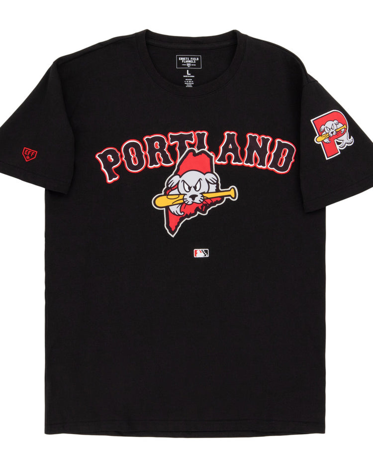 The Ebbets Field Portland Sea Dogs MiLB Fashion Cotton Short Sleeve Tee is a black shirt with 