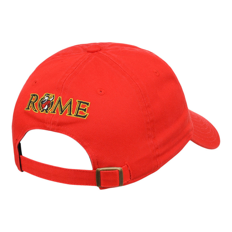 The Ebbets Field Rome Emperors MiLB Dad Ballcap is a bright red cap with an adjustable strap and brass buckle. 