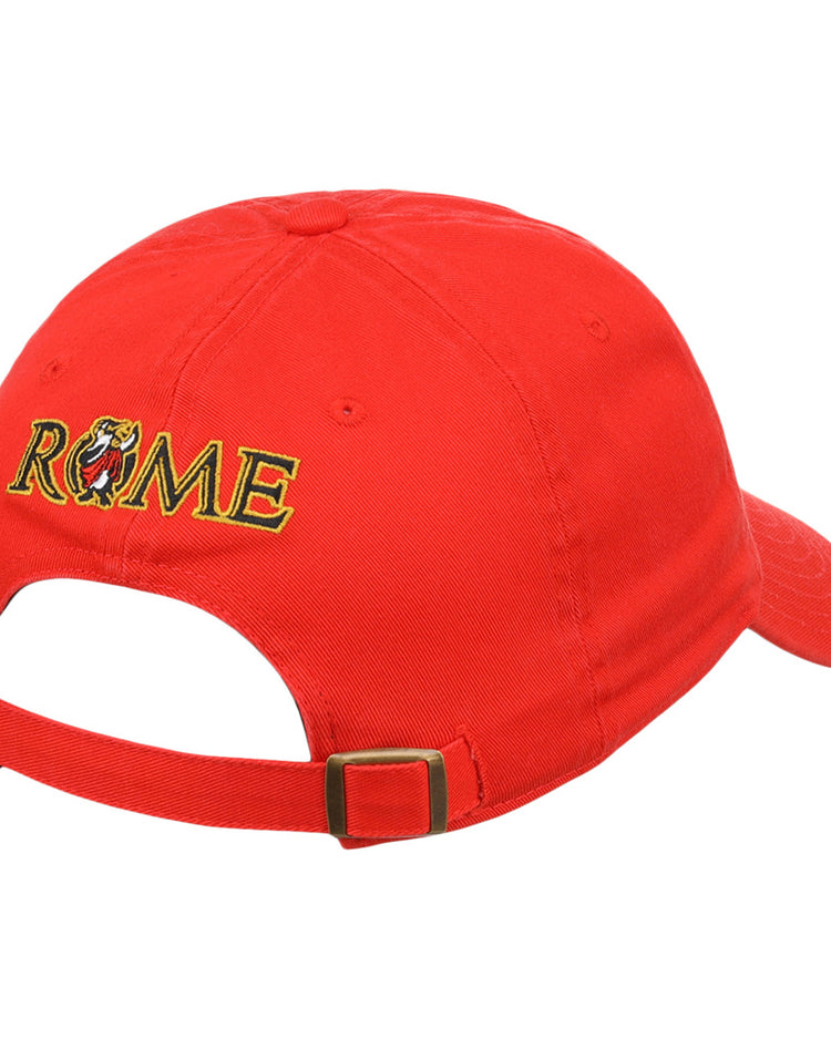The Ebbets Field Rome Emperors MiLB Dad Ballcap is a bright red cap with an adjustable strap and brass buckle. 