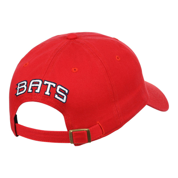 The Ebbets Field Louisville Bats MiLB Dad Ballcap is red, features “BATS” in white with a black outline on the back, and includes an adjustable strap with a metal buckle.