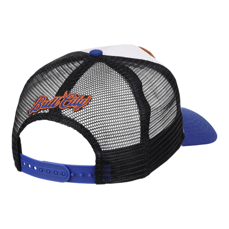 The Ebbets Field Durham Bulls MiLB Trucker Ballcap features a mesh-back, black and white crown, blue bill, and blue snap closure. “Bud City” is embroidered in orange and blue above the back opening.