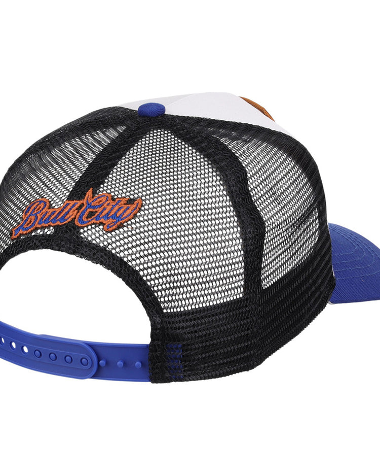The Ebbets Field Durham Bulls MiLB Trucker Ballcap features a mesh-back, black and white crown, blue bill, and blue snap closure. “Bud City” is embroidered in orange and blue above the back opening.