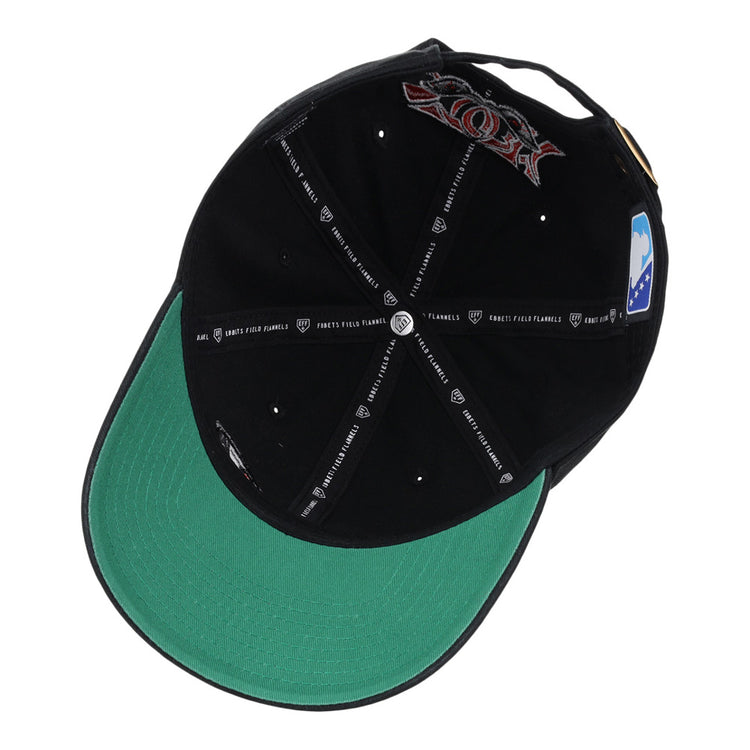 The Lake Elsinore Storm MiLB Dad Ballcap by Ebbets Field is shown from below, displaying its green underbrim, black inner lining with printed text and logos, and several attached tags inside.