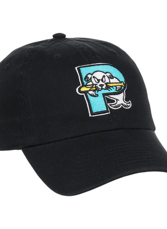 The Ebbets Field Portland Sea Dogs MiLB Dad Ballcap is a black cap with a large embroidered “P” and a cartoon catfish draped over it, holding a yellow bat.