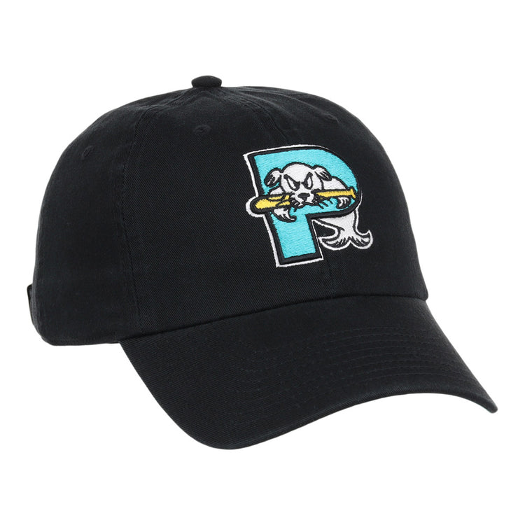 The Ebbets Field Portland Sea Dogs MiLB Dad Ballcap is a black cap with a large embroidered “P” and a cartoon catfish draped over it, holding a yellow bat.