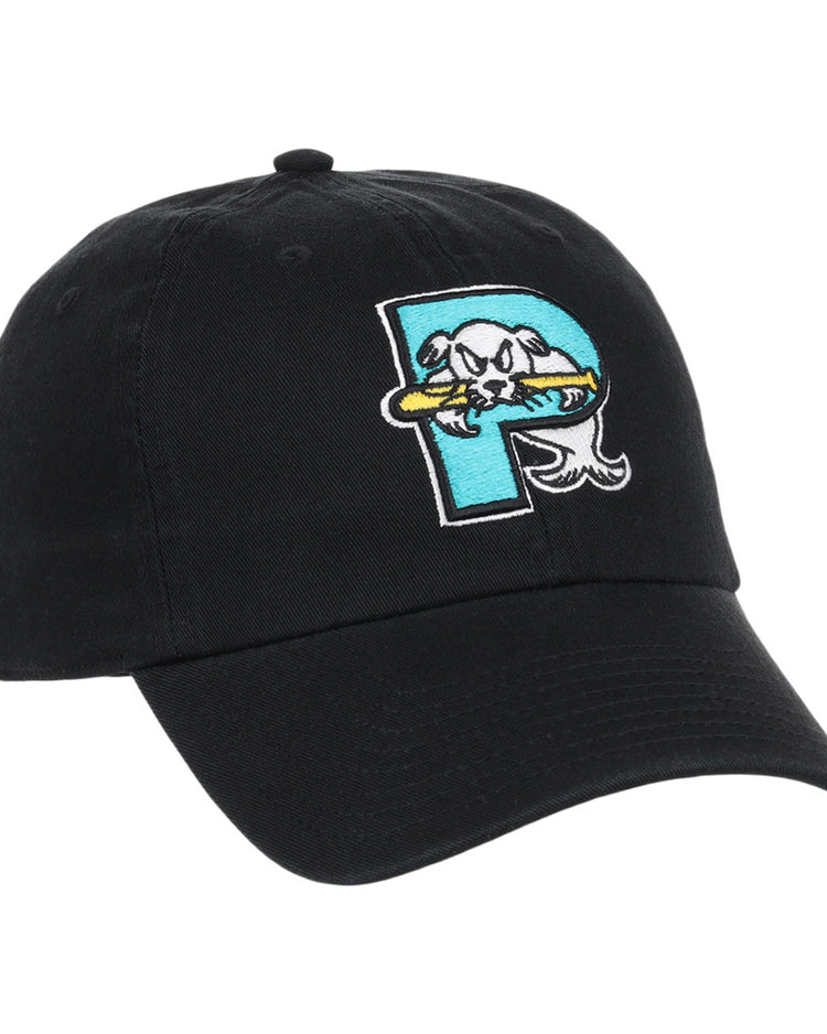 The Ebbets Field Portland Sea Dogs MiLB Dad Ballcap is a black cap with a large embroidered “P” and a cartoon catfish draped over it, holding a yellow bat.