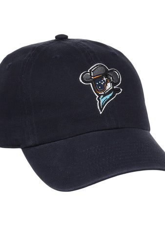 The Sugarland Space Cowboys MiLB Dad Ballcap by Ebbets Field is a navy blue cap featuring an embroidered bear cartoon in a cowboy hat and blue bandana on the front.