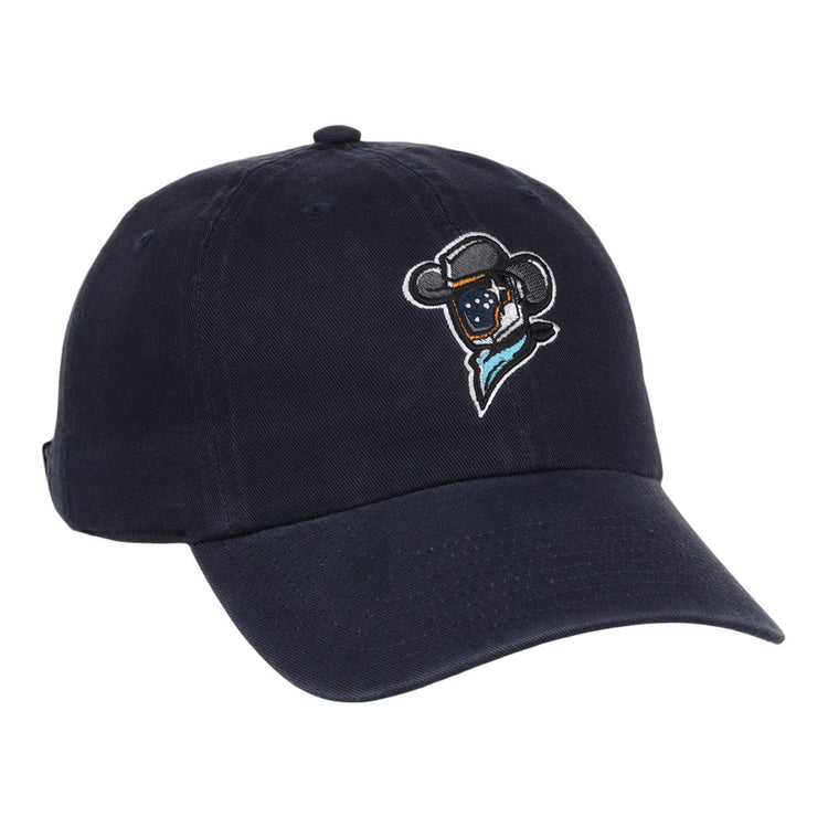 The Sugarland Space Cowboys MiLB Dad Ballcap by Ebbets Field is a navy blue cap featuring an embroidered bear cartoon in a cowboy hat and blue bandana on the front.