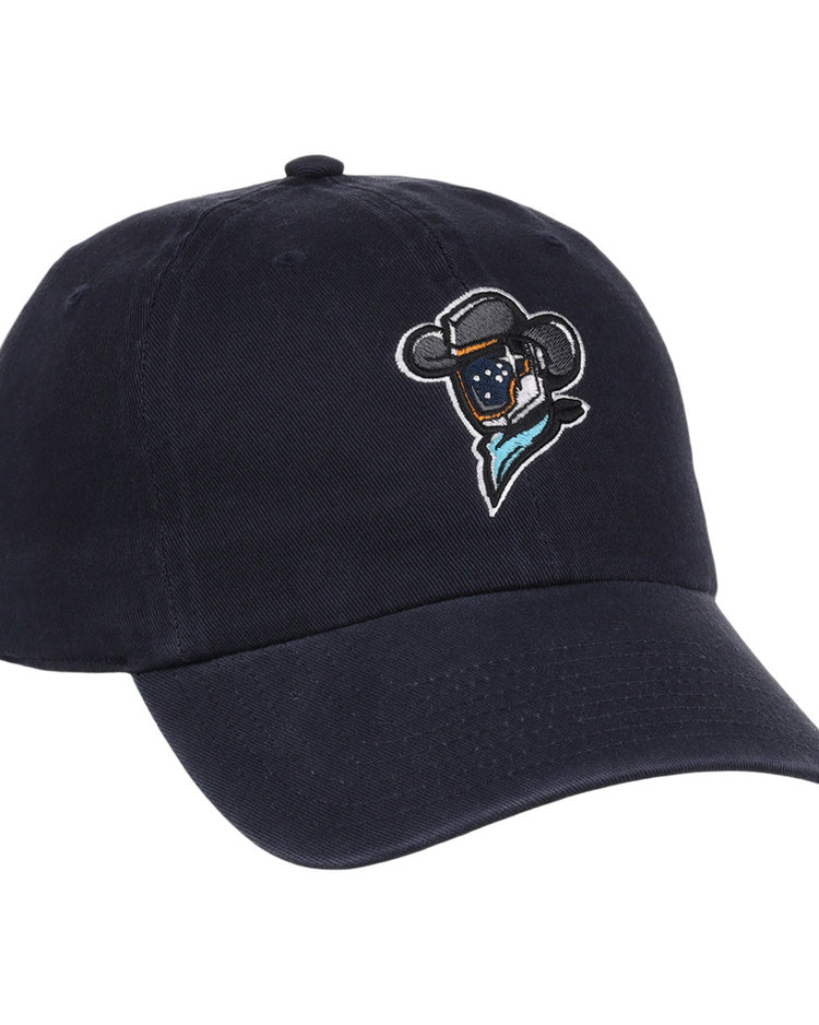 The Sugarland Space Cowboys MiLB Dad Ballcap by Ebbets Field is a navy blue cap featuring an embroidered bear cartoon in a cowboy hat and blue bandana on the front.