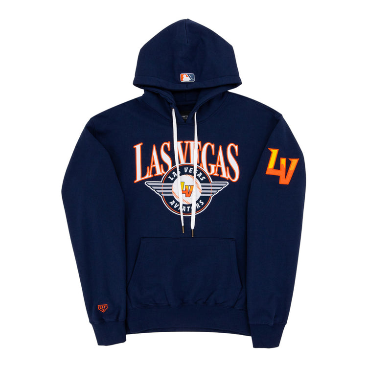The Ebbets Field Las Vegas Aviators MiLB Cotton Hooded Sweatshirt is navy blue with 