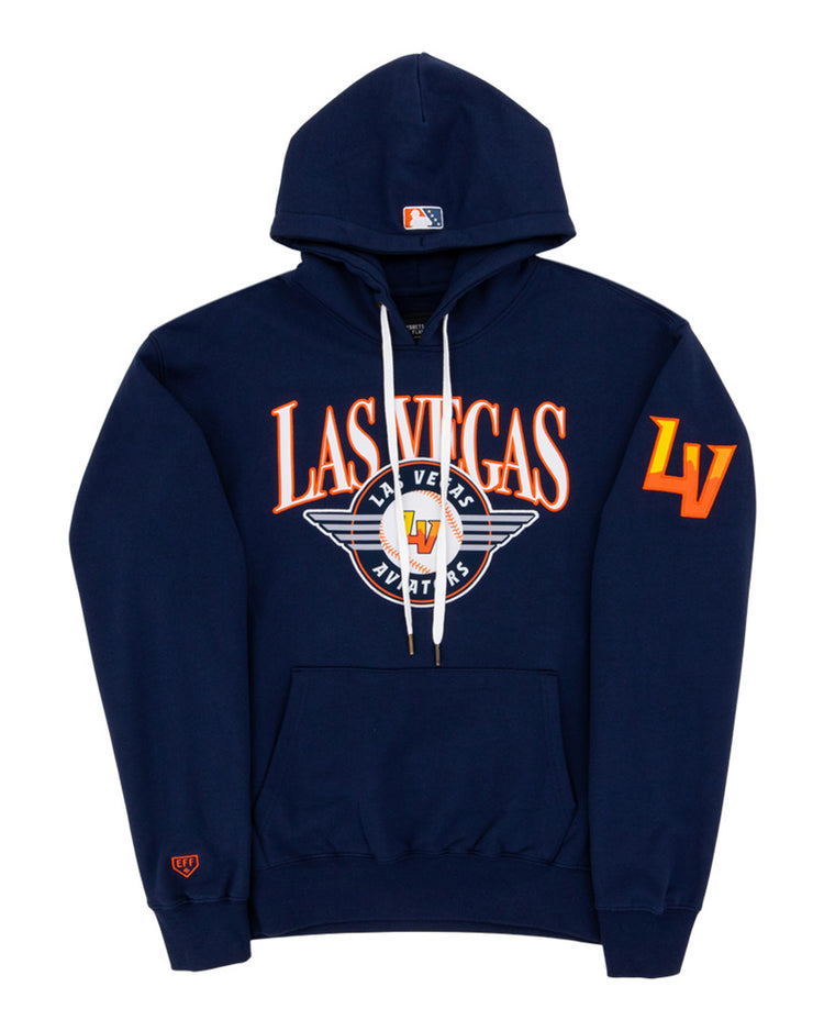 The Ebbets Field Las Vegas Aviators MiLB Cotton Hooded Sweatshirt is navy blue with 