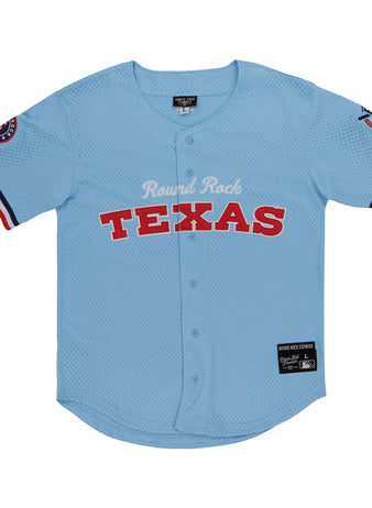 The Ebbets Field Round Rock Express MiLB Button Down Jersey is a light blue jersey with red and white trim, 
