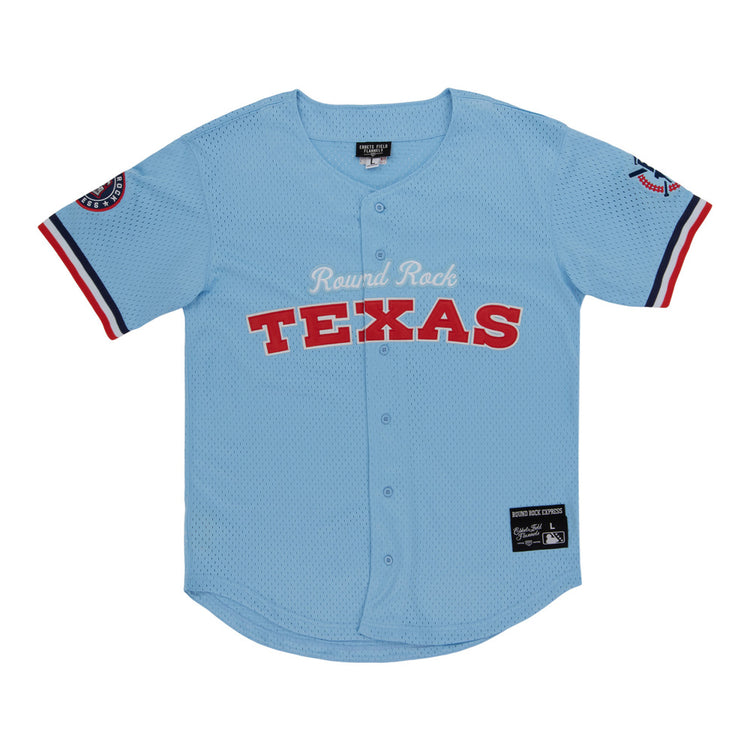The Ebbets Field Round Rock Express MiLB Button Down Jersey is a light blue jersey with red and white trim, 