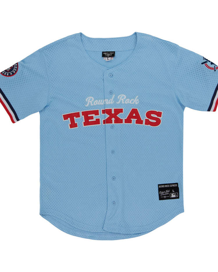The Ebbets Field Round Rock Express MiLB Button Down Jersey is a light blue jersey with red and white trim, 