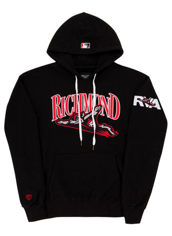 The Ebbets Field Richmond Flying Squirrels MiLB Cotton Hooded Sweatshirt is a black hoodie with bold red and white 